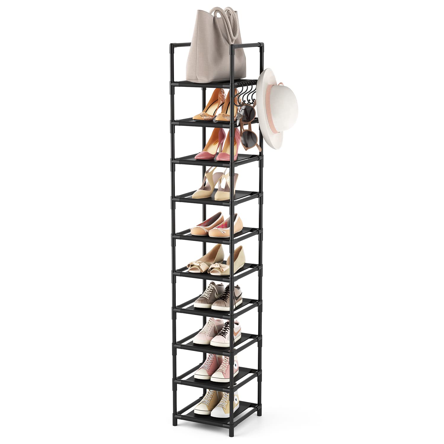 Tall Narrow Shoe Rack for Entryway, 10-Tier Sturdy Metal Shoe Shelf Storage 10-15 Pairs of Shoes and Boots, Space Saving Corner Shoe Rack Organizer for...