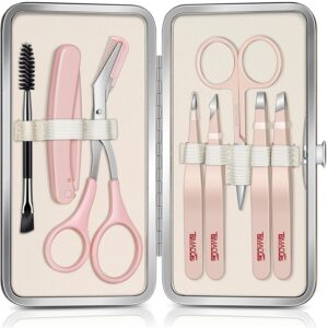TsMADDTs Tweezers for Women Facial Hair, 8 in 1 Eyebrow Kit with Tweezers, Eyebrow Trimmer Scissors, Razor, Brush with Travel Bag, Hair Plucking Daily Beauty Tools