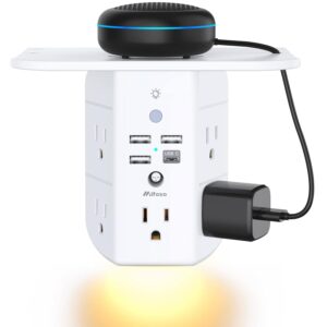 Wall Outlet Extender with Shelf and Night Light, Surge Protector, Wall Mount Charger Multi Plug Expander with 5 AC Outlets and 3 USB A Ports 1 USB C, Wide Space 3-Sided Power...